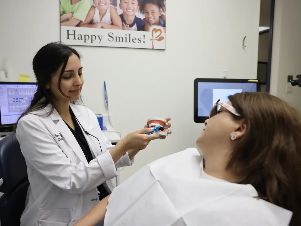 A smiling dentist explains a treatment using a model of the teeth